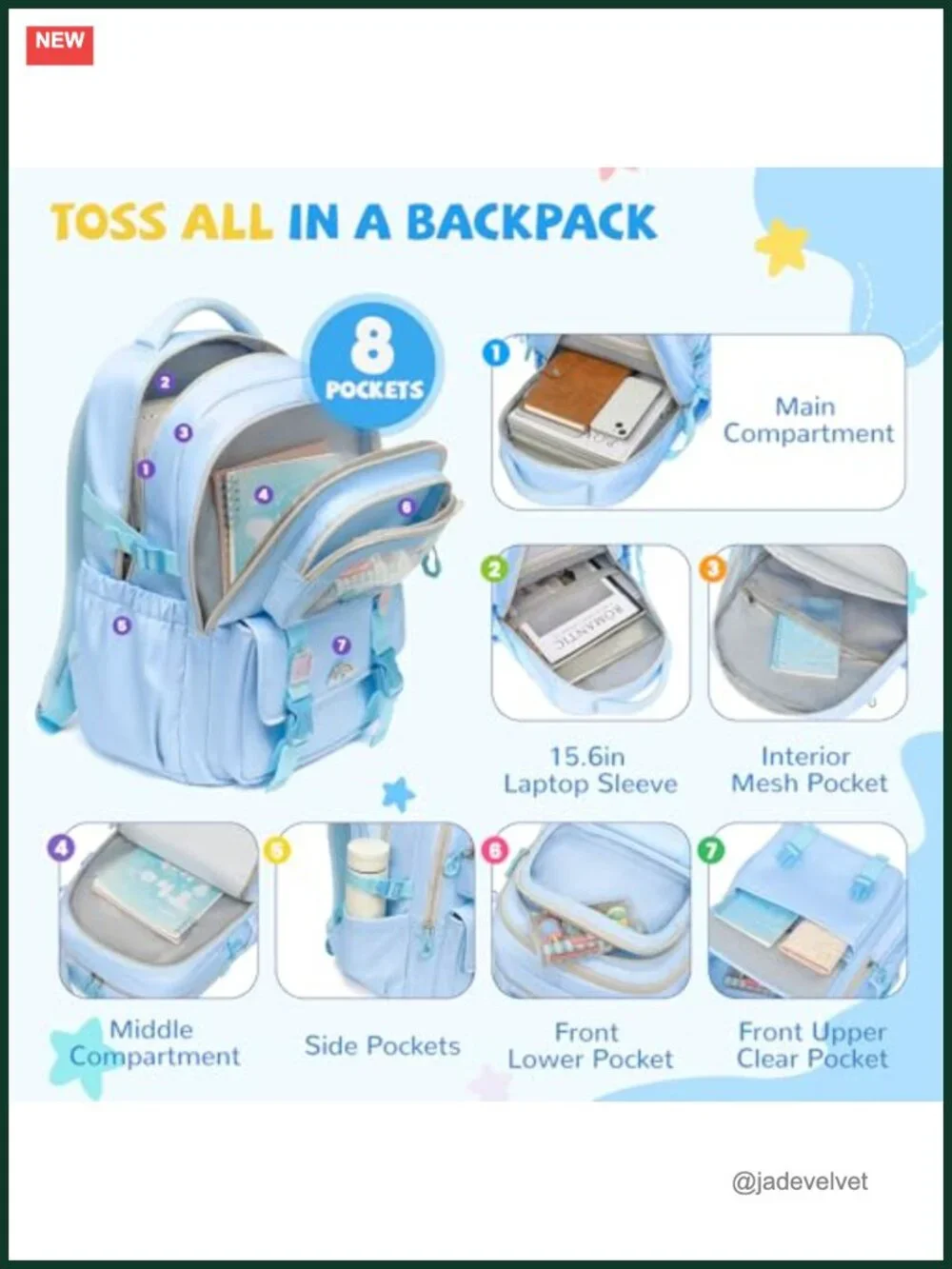 Kawaii Girls Backpack with Multiple Pockets, Lightweight Water-Resistant School
